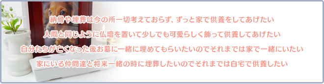 納骨や埋葬は今の所一切考えておらず、ずっと家で供養をしてあげたい。人間と同じように仏壇を置いて少しでも可愛らしく飾って供養してあげたい。自分たちが亡くなった後お墓に一緒に埋めてもらいたいのでそれまでは家で一緒にいたい。家にいる仲間達と将来一緒の時に埋葬したいのでそれまでは自宅で供養したい