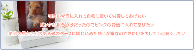 可愛い骨壺に入れて自宅に置いて供養してあげたい。ピンクが似合う子だったのでピンクの骨壺に入れてあげたい。従来の見たことのある骨壺ケースに閉じ込めた感じが嫌なので見た目を少しでも可愛くしたい